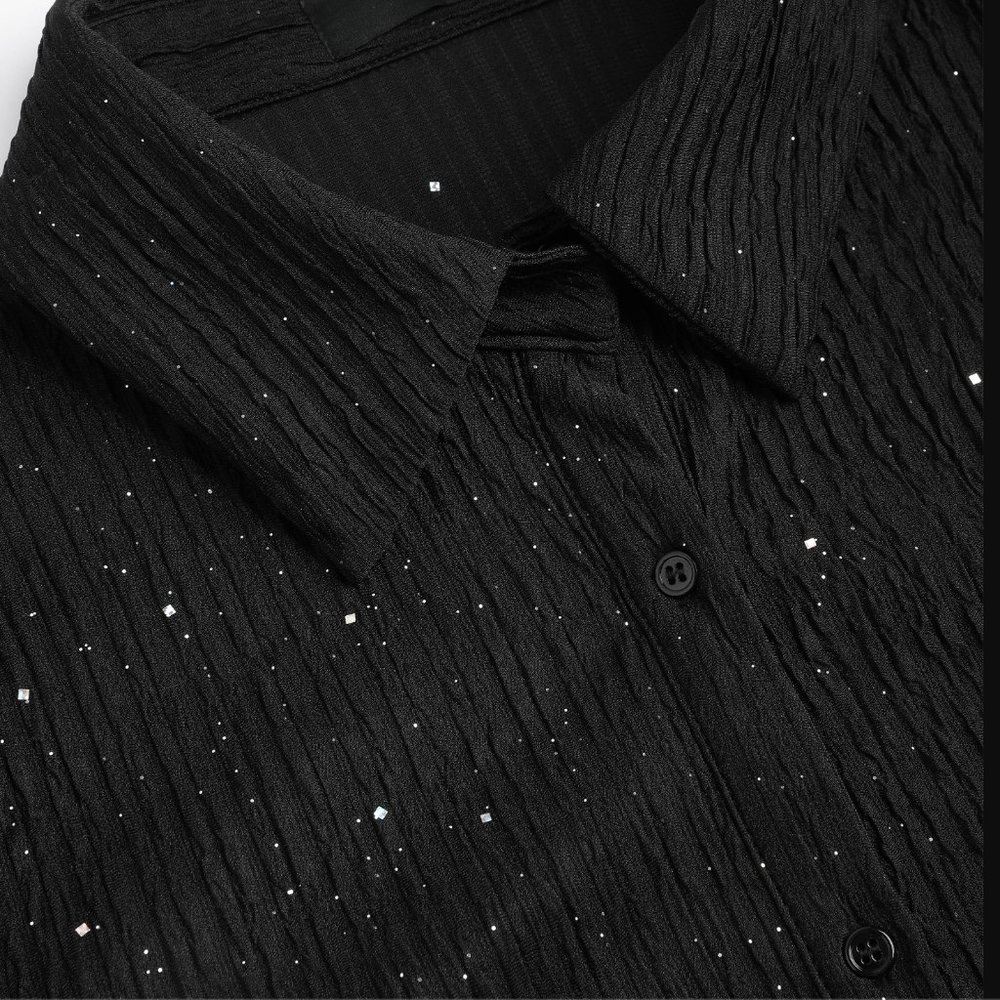 Glitter Collar Button Down Crinkle Blouse Pants S… - image 7